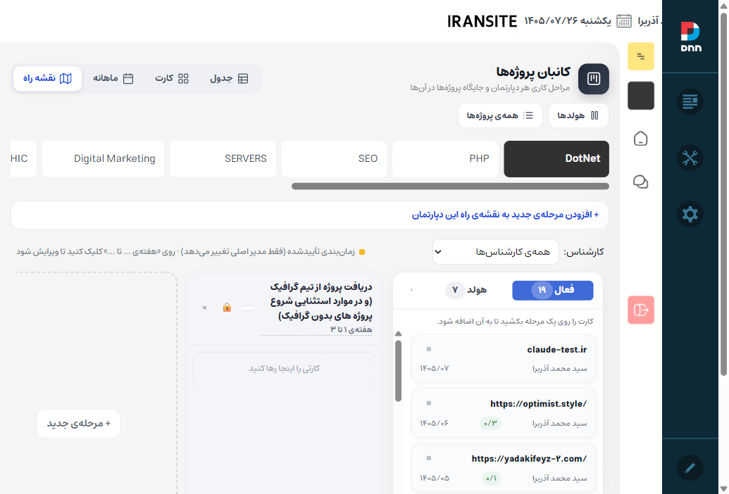 نقشه راه: ستون پروژه‌های فعال/هولد، مراحل و ستون «+ مرحله‌ی جدید»